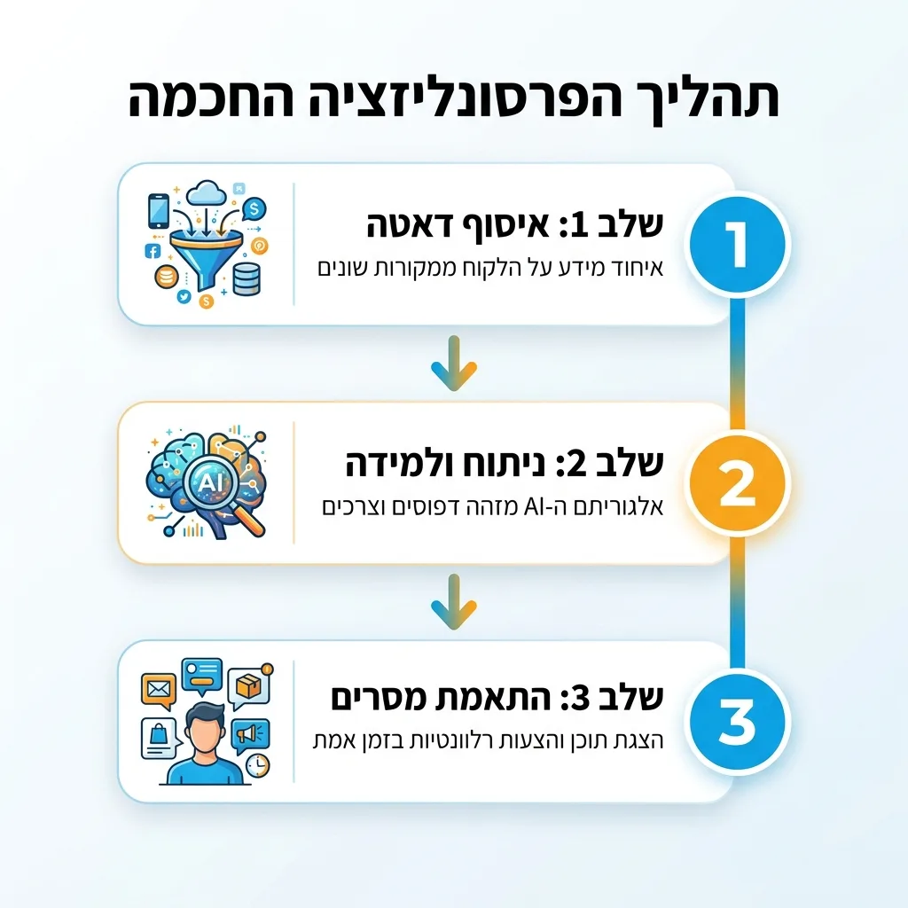 אינפוגרפיקה — תהליך הפרסונליזציה החכמה: שלב 1: איסוף דאטה, שלב 2: ניתוח ולמידה, שלב 3: התאמת מסרים