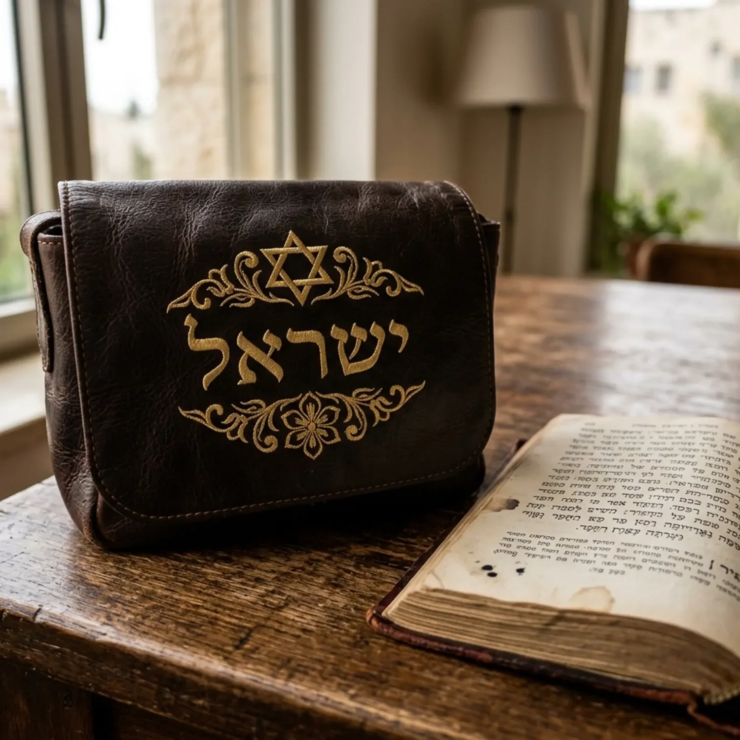 צילום תקריב של תיק תפילין מעור חום כהה, עם רקמת שם מוזהבת, מונח על שולחן עץ לצד סידור תפילה פתוח. תאורה טבעית ורכה מהחלון.