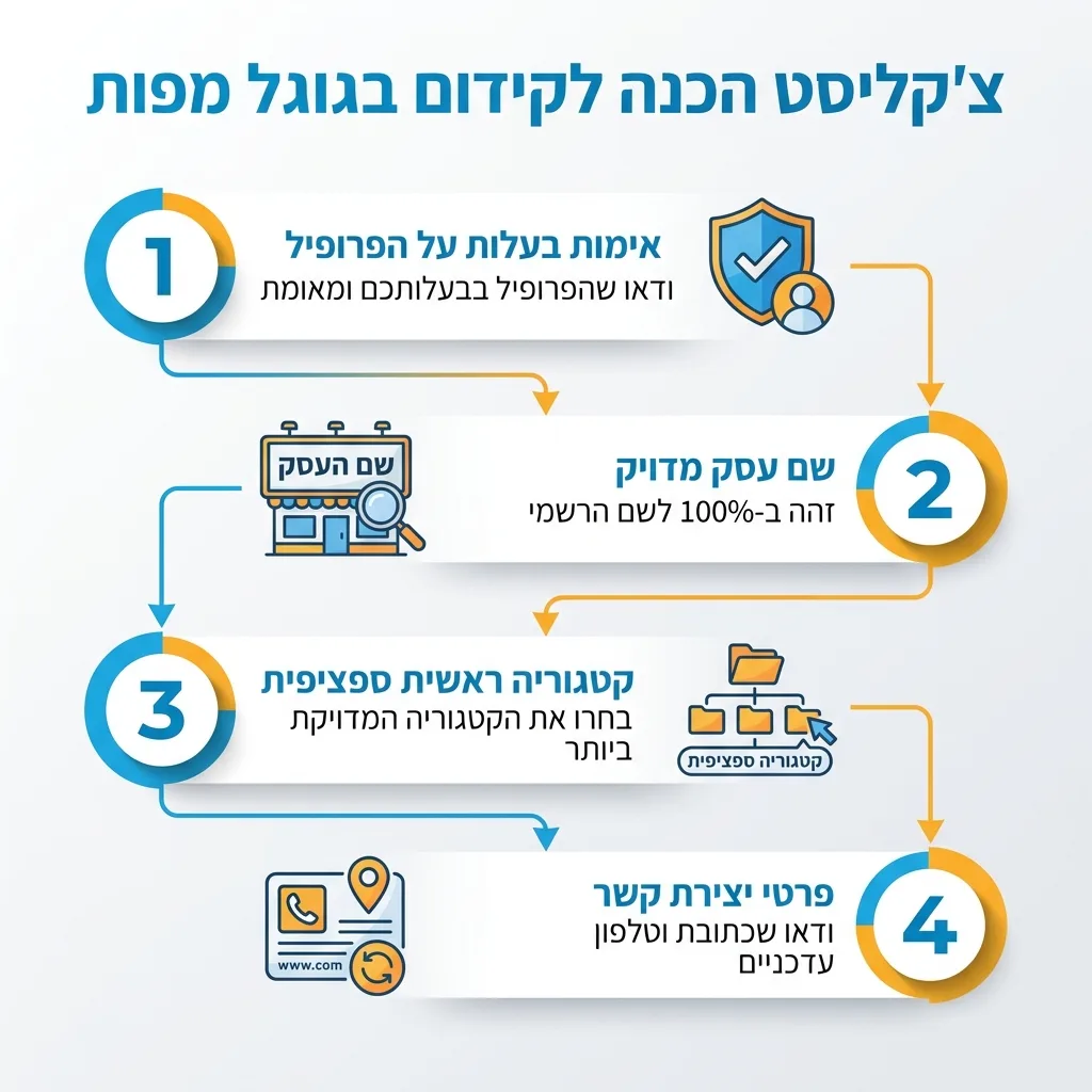 אינפוגרפיקה — צ'קליסט הכנה לקידום בגוגל מפות: אימות בעלות על הפרופיל, שם עסק מדויק, קטגוריה ראשית ספציפית, פרטי יצירת קשר