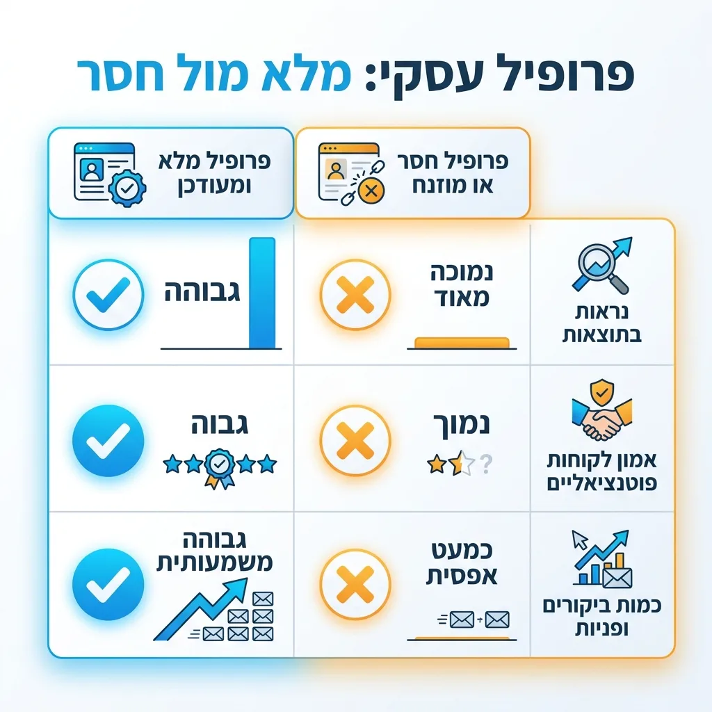 אינפוגרפיקה — פרופיל עסקי: מלא מול חסר: השוואה בין פרופיל מלא ומעודכן, פרופיל חסר או מוזנח