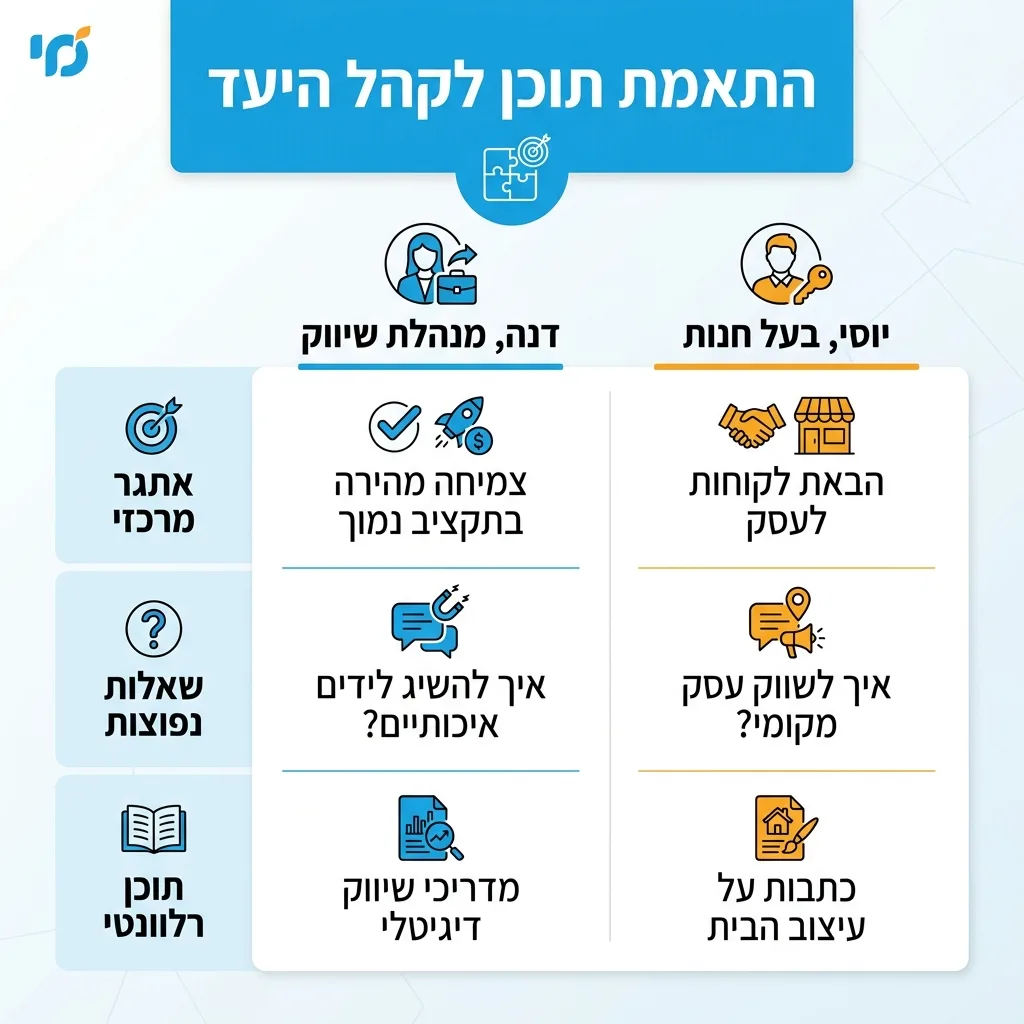 אינפוגרפיקה — התאמת תוכן לקהל היעד: השוואה בין דנה, מנהלת שיווק, יוסי, בעל חנות