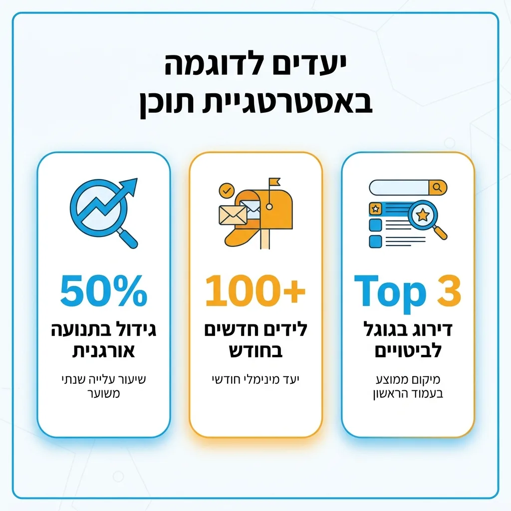 אינפוגרפיקה — יעדים לדוגמה באסטרטגיית תוכן: גידול בתנועה אורגנית, לידים חדשים בחודש, דירוג בגוגל לביטויים