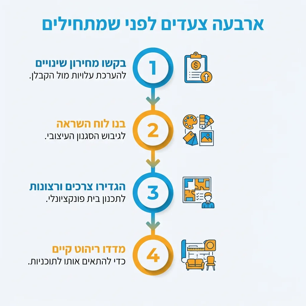 אינפוגרפיקה — ארבעה צעדים לפני שמתחילים: בקשו מחירון שינויים, בנו לוח השראה, הגדירו צרכים ורצונות, מדדו ריהוט קיים
