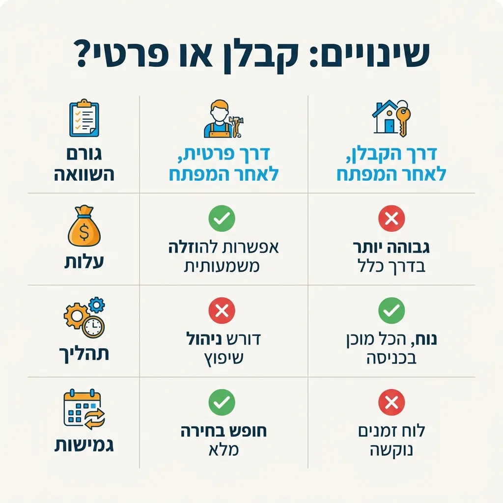 אינפוגרפיקה — שינויים: קבלן או פרטי?: השוואה בין דרך הקבלן, לאחר המפתח
