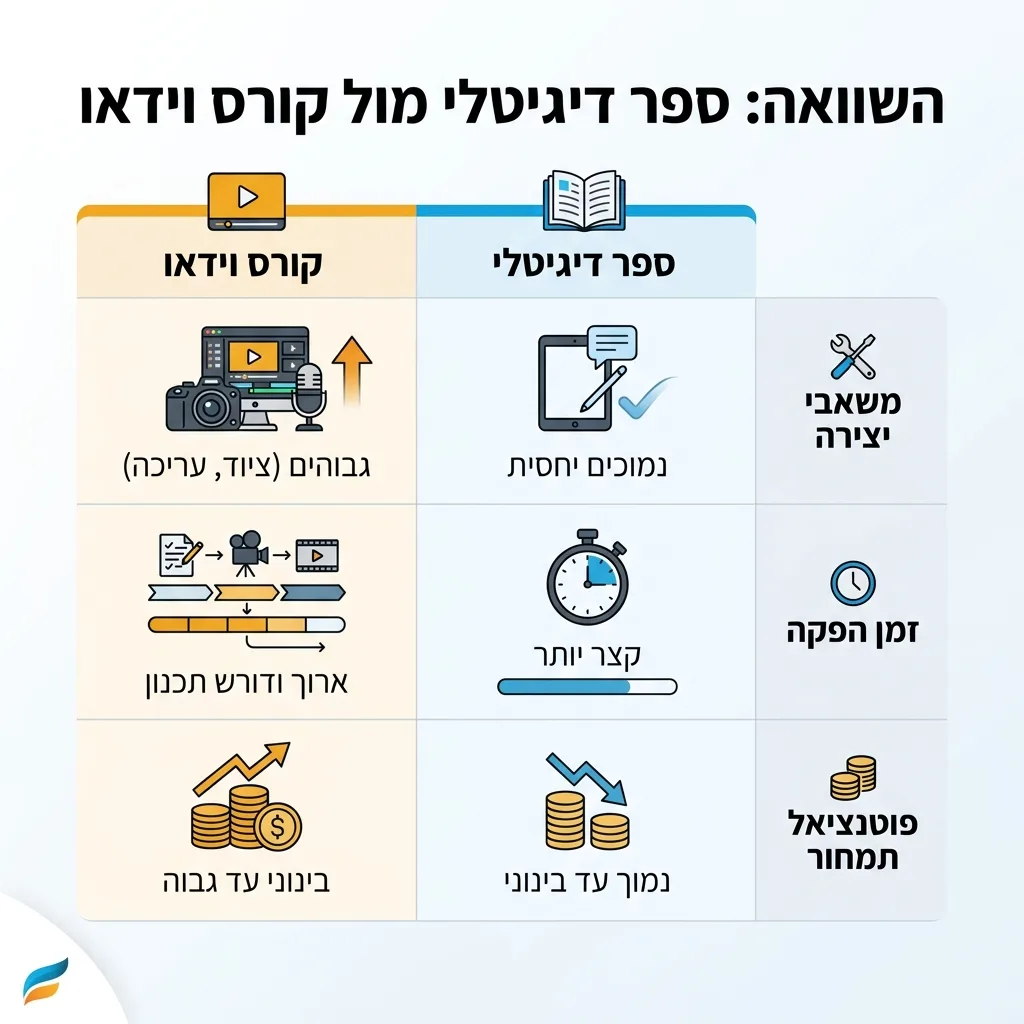 אינפוגרפיקה — השוואה: ספר דיגיטלי מול קורס וידאו: השוואה בין ספר דיגיטלי, קורס וידאו