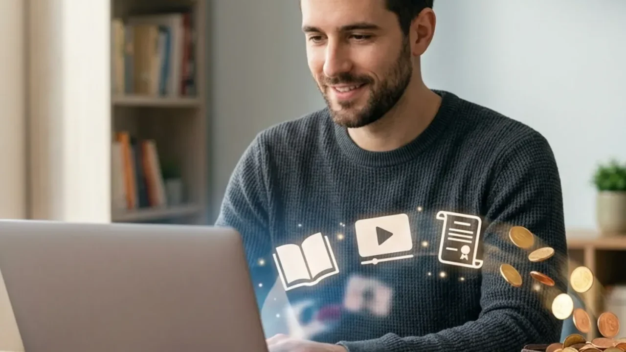 איור של אדם היושב מול לפטופ, ומהמסך 'יוצאים' אייקונים של ספר, סרטון וידאו ותעודה, שהופכים למטבעות ונוחתים בארנק שלו.