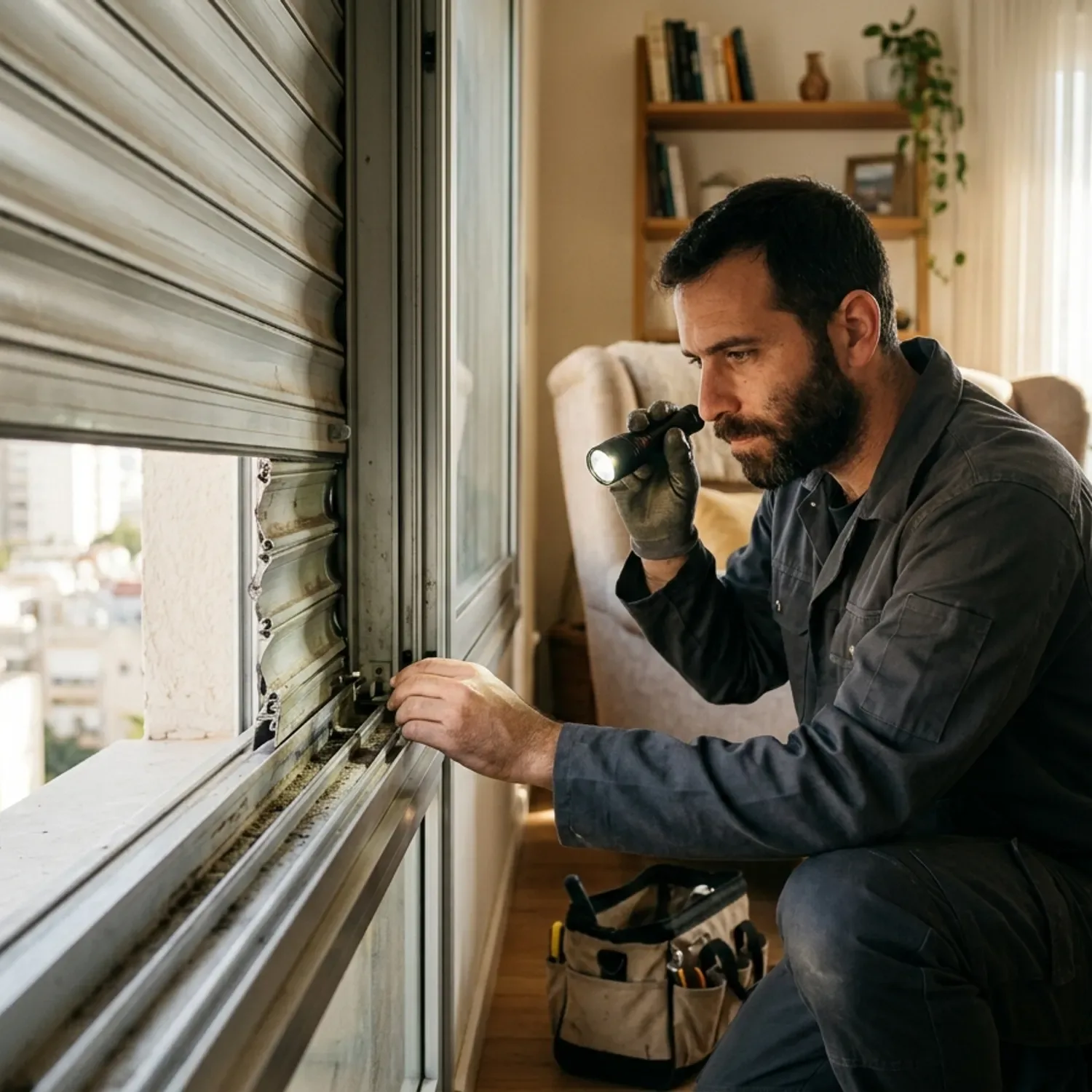 צילום פוטו-ריאליסטי של מנעולן בוחן תריס גלילה תקוע, מאיר עם פנס לתוך המסילה כדי לאתר את מקור הבעיה, בסביבת דירה מוארת.