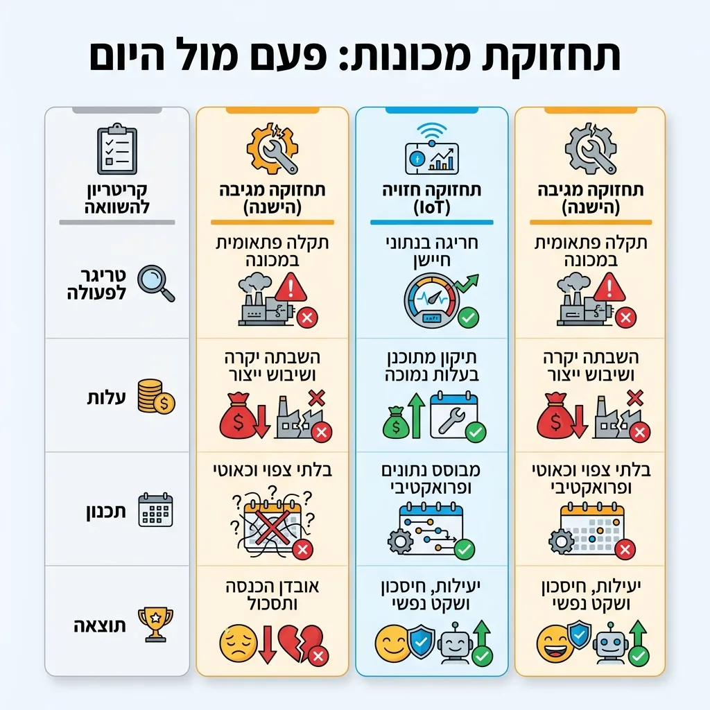 אינפוגרפיקה — תחזוקת מכונות: פעם מול היום: השוואה בין תחזוקה מגיבה (הישנה), תחזוקה חזויה (IoT)