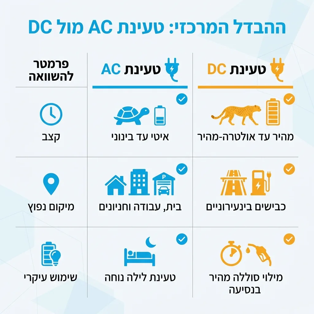 אינפוגרפיקה — ההבדל המרכזי: טעינת AC מול DC: השוואה בין טעינת AC, טעינת DC