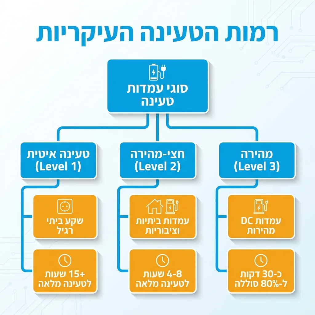 אינפוגרפיקה — רמות הטעינה העיקריות: סוגי עמדות טעינה