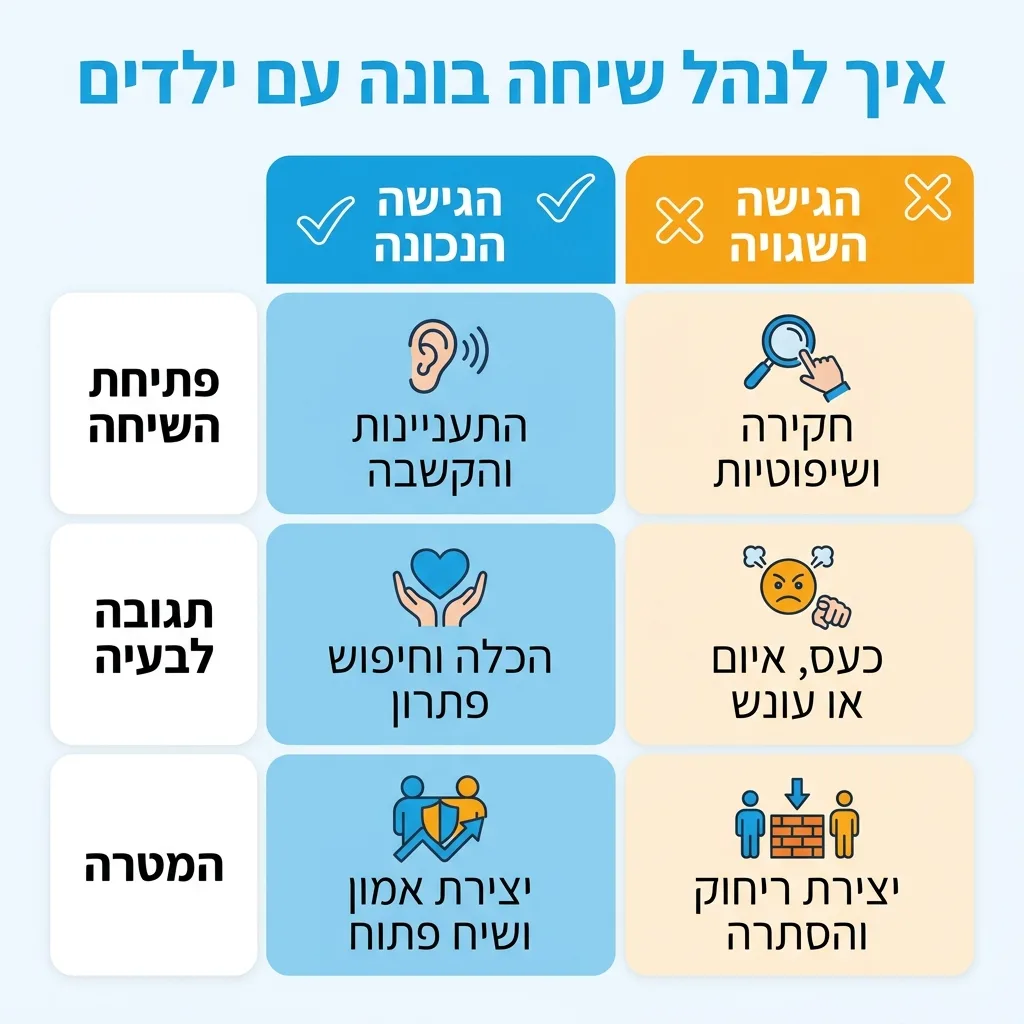 אינפוגרפיקה — איך לנהל שיחה בונה עם ילדים: השוואה בין הגישה הנכונה, הגישה השגויה