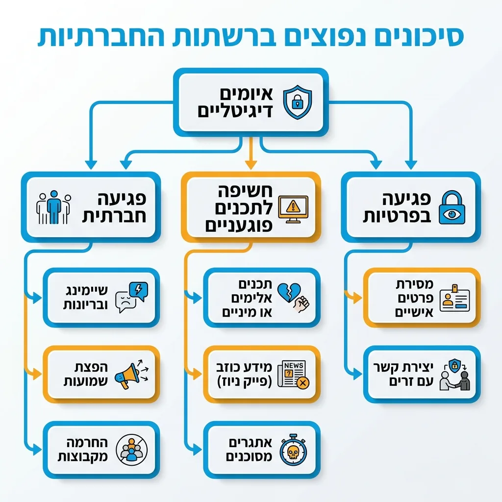 אינפוגרפיקה — סיכונים נפוצים ברשתות החברתיות: איומים דיגיטליים