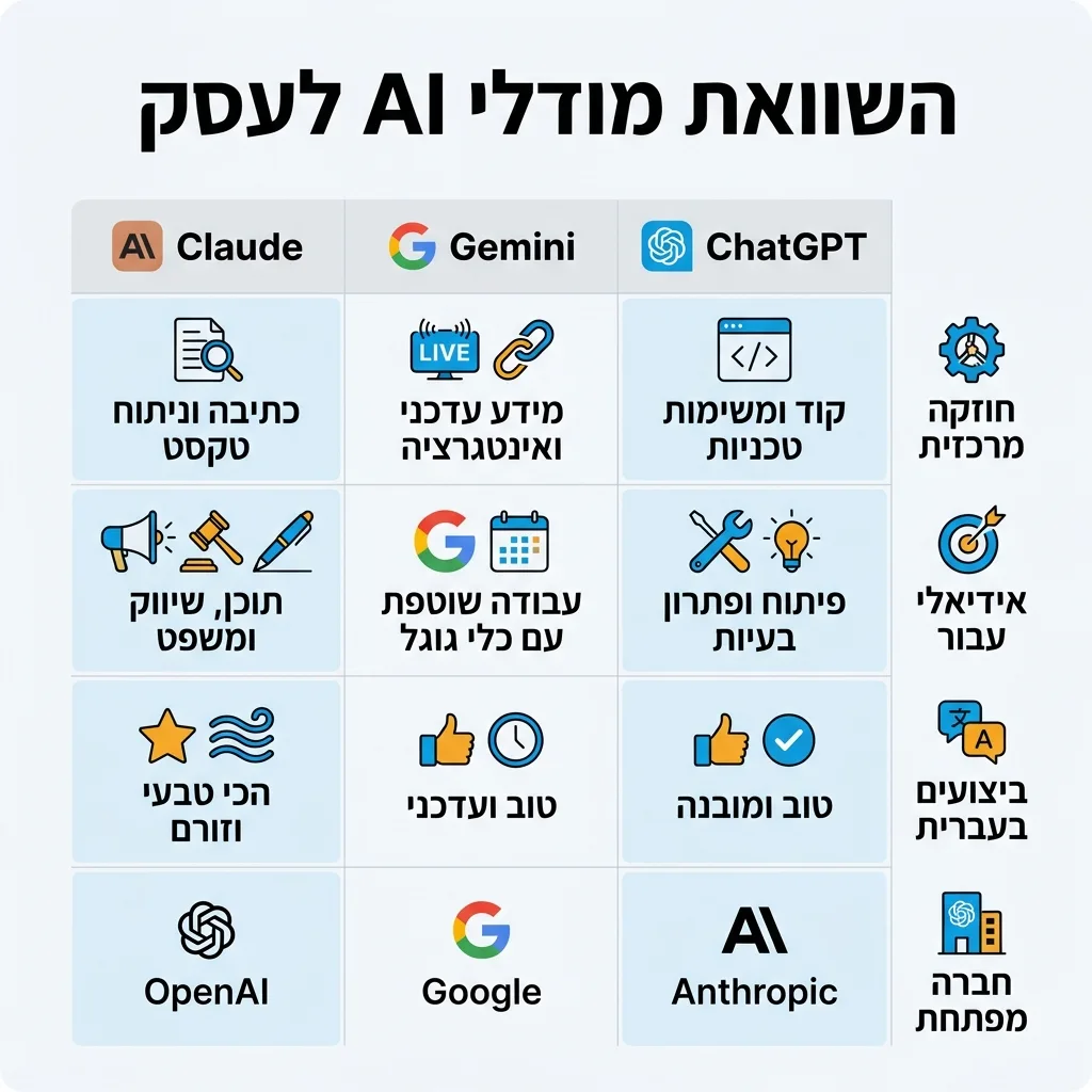 אינפוגרפיקה — השוואת מודלי AI לעסק: השוואה בין ChatGPT, Gemini, Claude