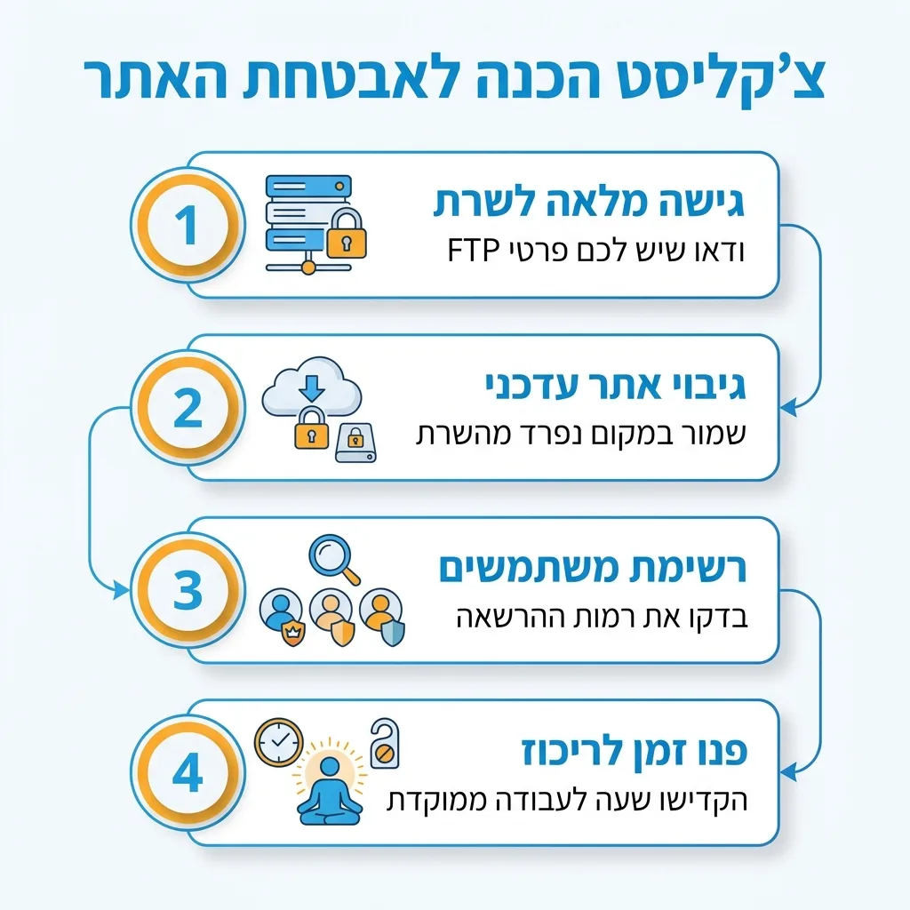 אינפוגרפיקה — צ'קליסט הכנה לאבטחת האתר: גישה מלאה לשרת, גיבוי אתר עדכני, רשימת משתמשים, פנו זמן לריכוז