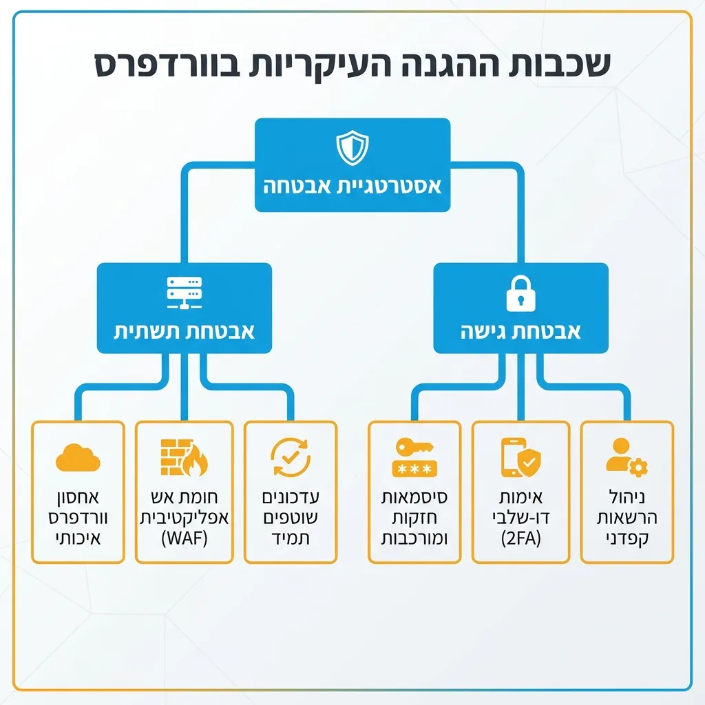 אינפוגרפיקה — שכבות ההגנה העיקריות בוורדפרס: אסטרטגיית אבטחה