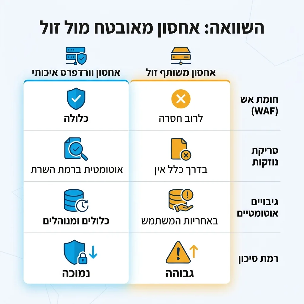 אינפוגרפיקה — השוואה: אחסון מאובטח מול זול: השוואה בין אחסון וורדפרס איכותי, אחסון משותף זול