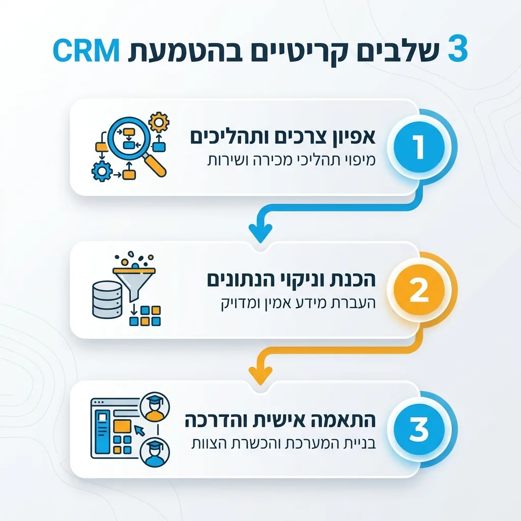 אינפוגרפיקה — 3 שלבים קריטיים בהטמעת CRM: אפיון צרכים ותהליכים, הכנת וניקוי הנתונים, התאמה אישית והדרכה