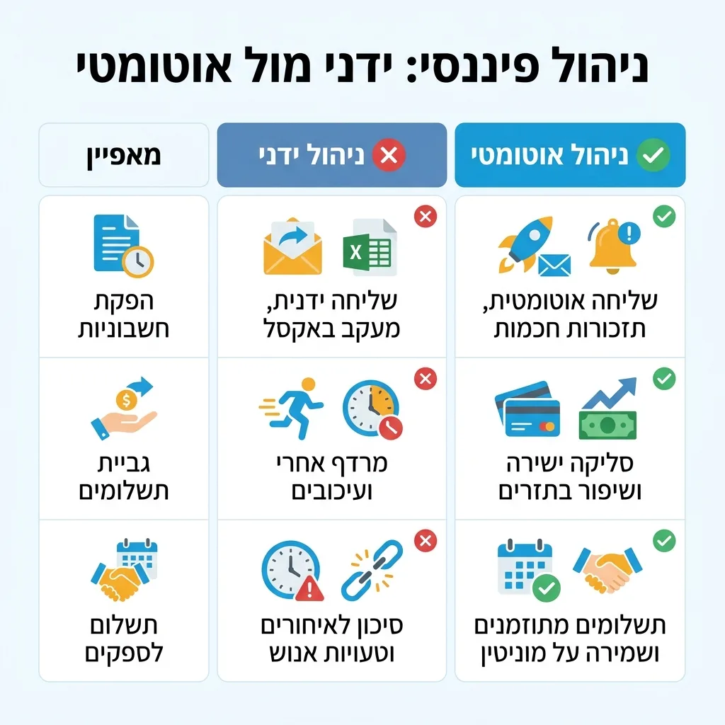 אינפוגרפיקה — ניהול פיננסי: ידני מול אוטומטי: השוואה בין ניהול ידני, ניהול אוטומטי