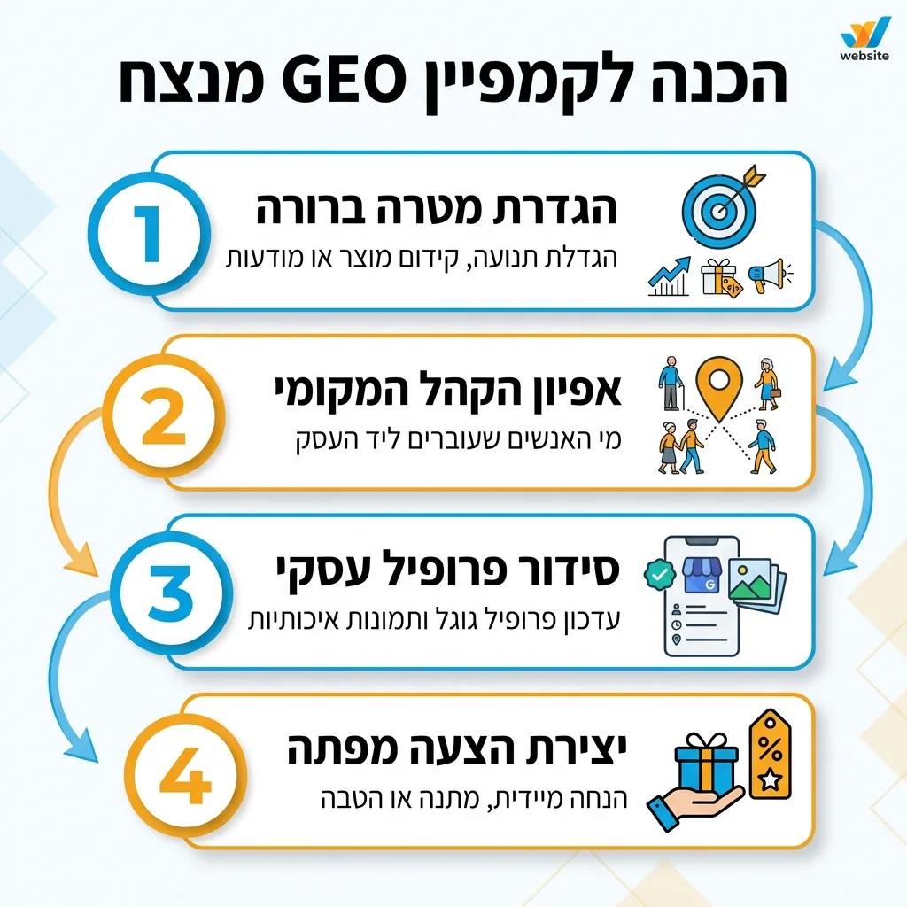 אינפוגרפיקה — הכנה לקמפיין GEO מנצח: הגדרת מטרה ברורה, אפיון הקהל המקומי, סידור פרופיל עסקי, יצירת הצעה מפתה