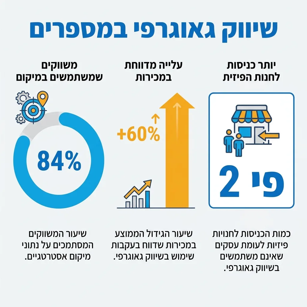אינפוגרפיקה — שיווק גאוגרפי במספרים: משווקים שמשתמשים במיקום, דיווחו על עלייה במכירות, יותר כניסות לחנות הפיזית