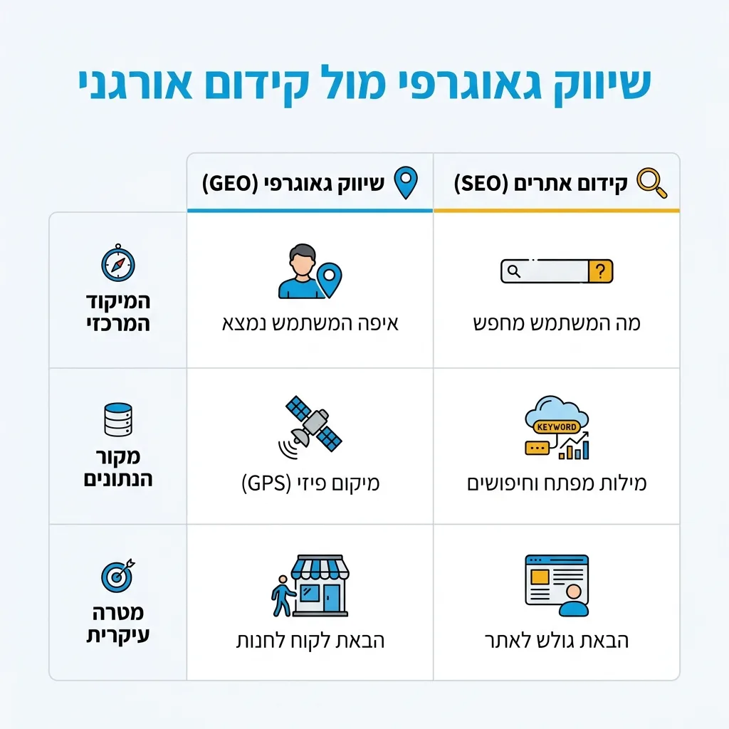 אינפוגרפיקה — שיווק גאוגרפי מול קידום אורגני: השוואה בין שיווק גאוגרפי (GEO), קידום אתרים (SEO)