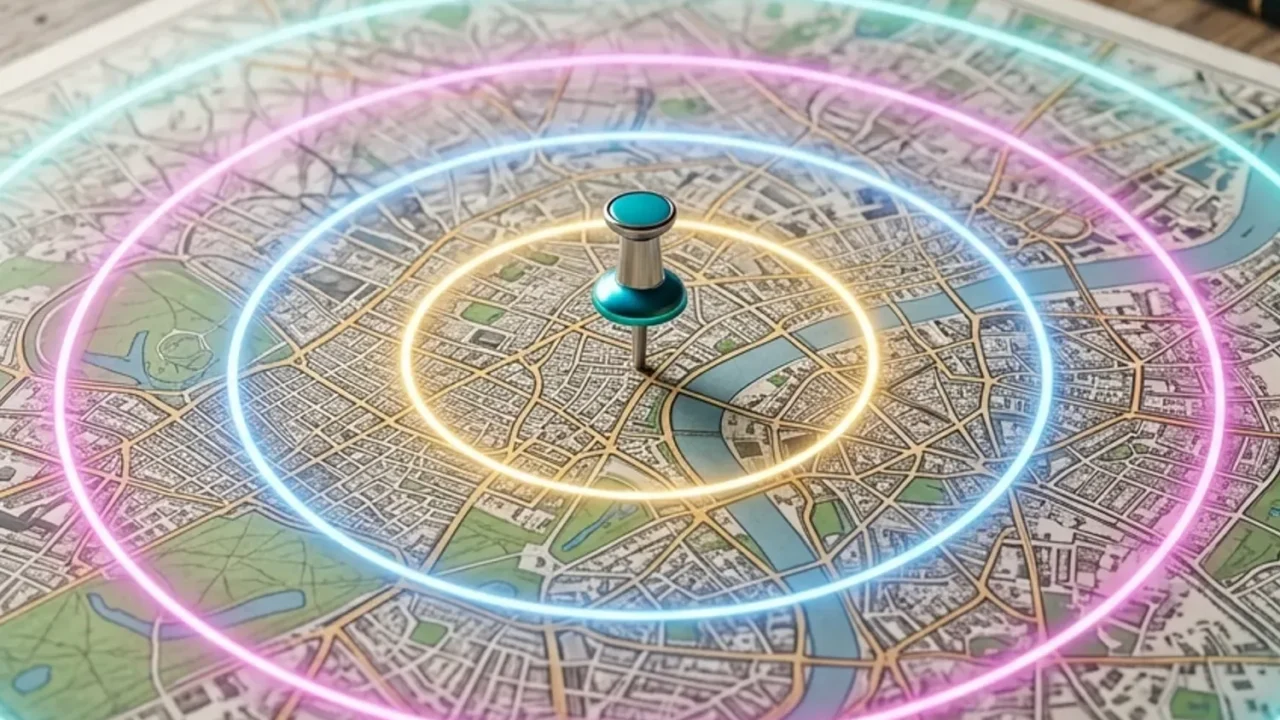 מפת עיר עם סיכה המציינת עסק, ומסביבה עיגולים זוהרים ברדיוסים שונים המייצגים את טווח ההגעה של הקמפיינים השונים.