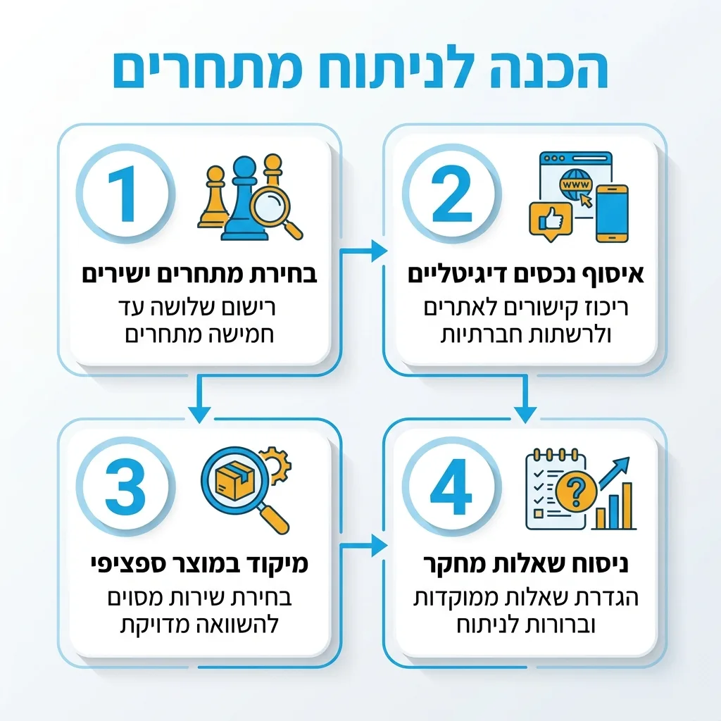 אינפוגרפיקה — הכנה לניתוח מתחרים: בחירת מתחרים ישירים, איסוף נכסים דיגיטליים, מיקוד במוצר ספציפי, ניסוח שאלות מחקר