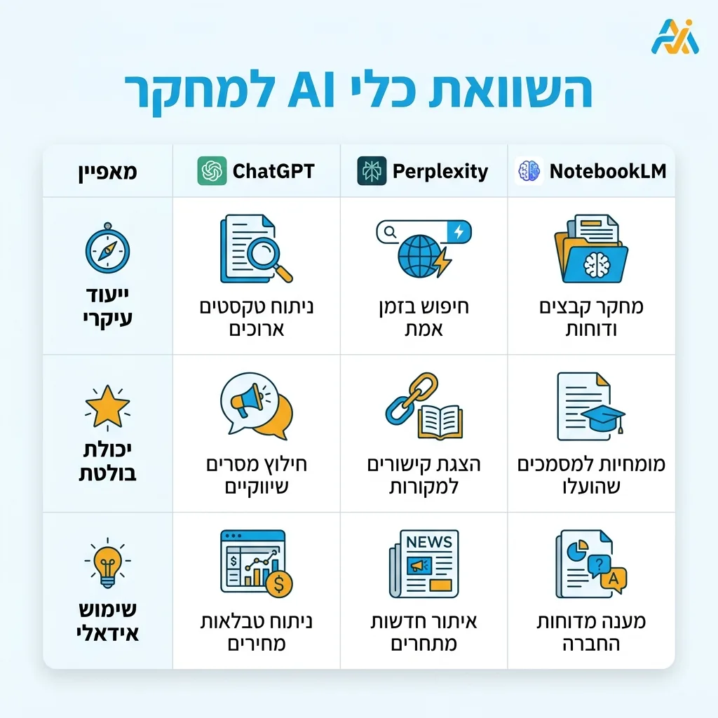אינפוגרפיקה — השוואת כלי AI למחקר: השוואה בין ChatGPT, Perplexity, NotebookLM