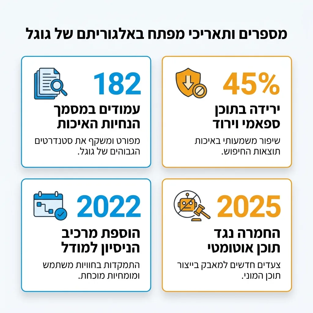 אינפוגרפיקה — מספרים ותאריכי מפתח באלגוריתם של גוגל: עמודים במסמך הנחיות האיכות, ירידה בתוכן ספאמי וירוד, הוספת מרכיב הניסיון