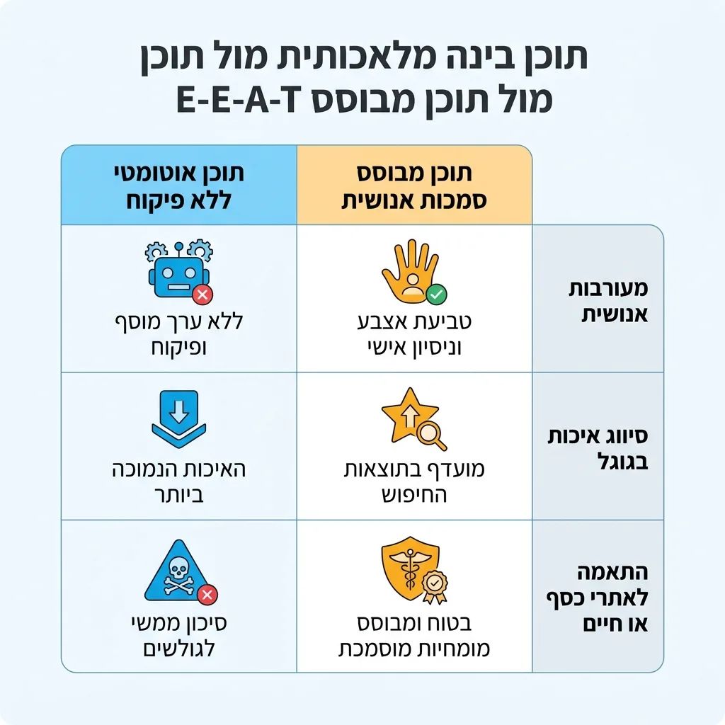 אינפוגרפיקה — תוכן בינה מלאכותית מול תוכן מבוסס E-E-A-T: השוואה בין תוכן אוטומטי ללא פיקוח, תוכן מבוסס סמכות אנושית