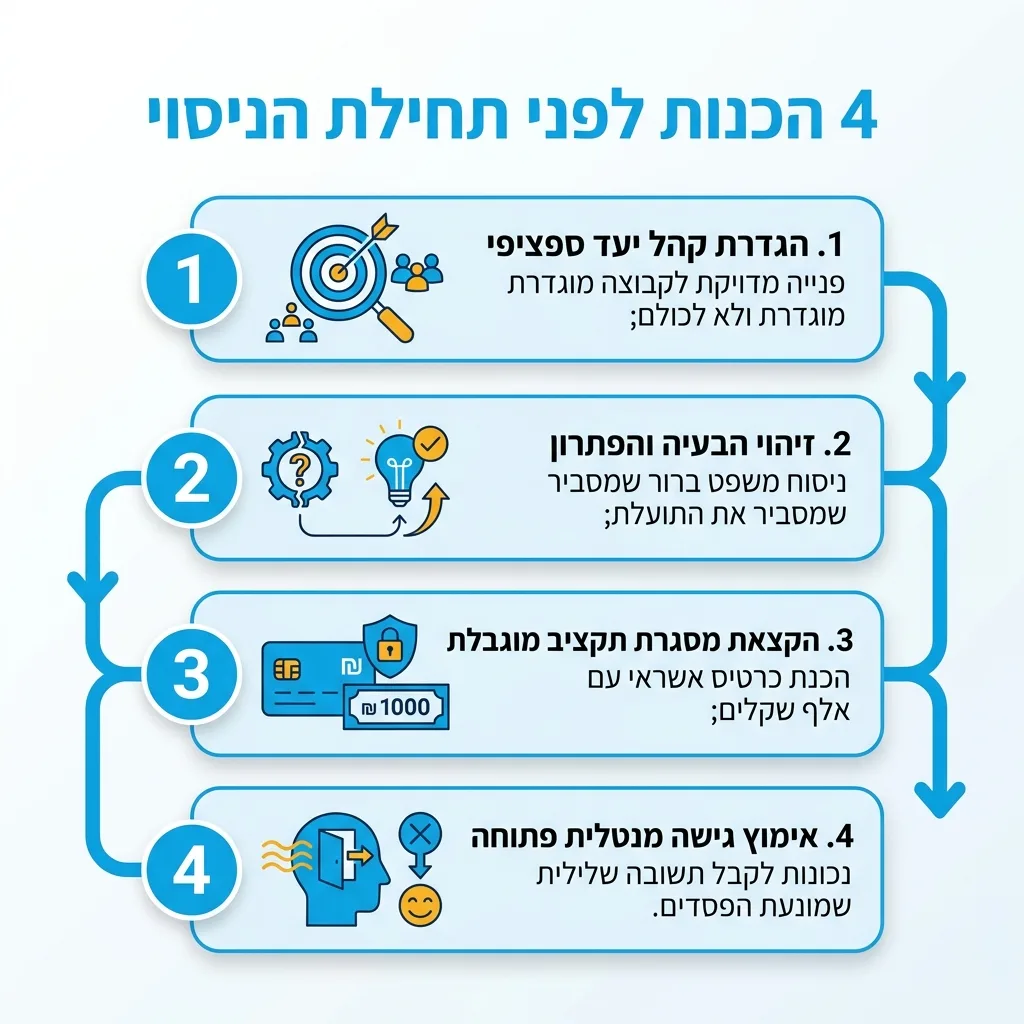 אינפוגרפיקה — 4 הכנות לפני תחילת הניסוי: הגדרת קהל יעד ספציפי, זיהוי הבעיה והפתרון, הקצאת מסגרת תקציב מוגבלת, אימוץ גישה מנטל