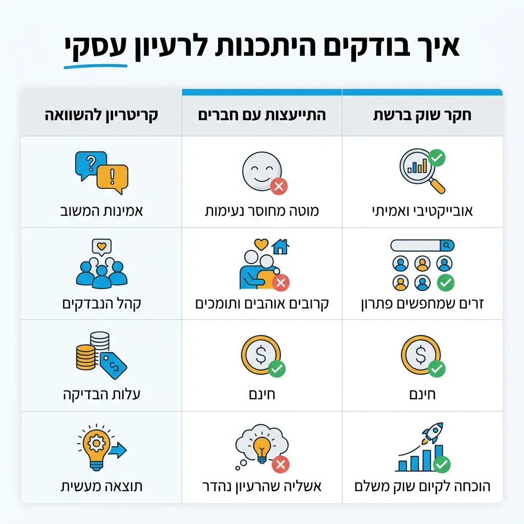 אינפוגרפיקה — איך בודקים היתכנות לרעיון עסקי: השוואה בין התייעצות עם חברים, חקר שוק ברשת