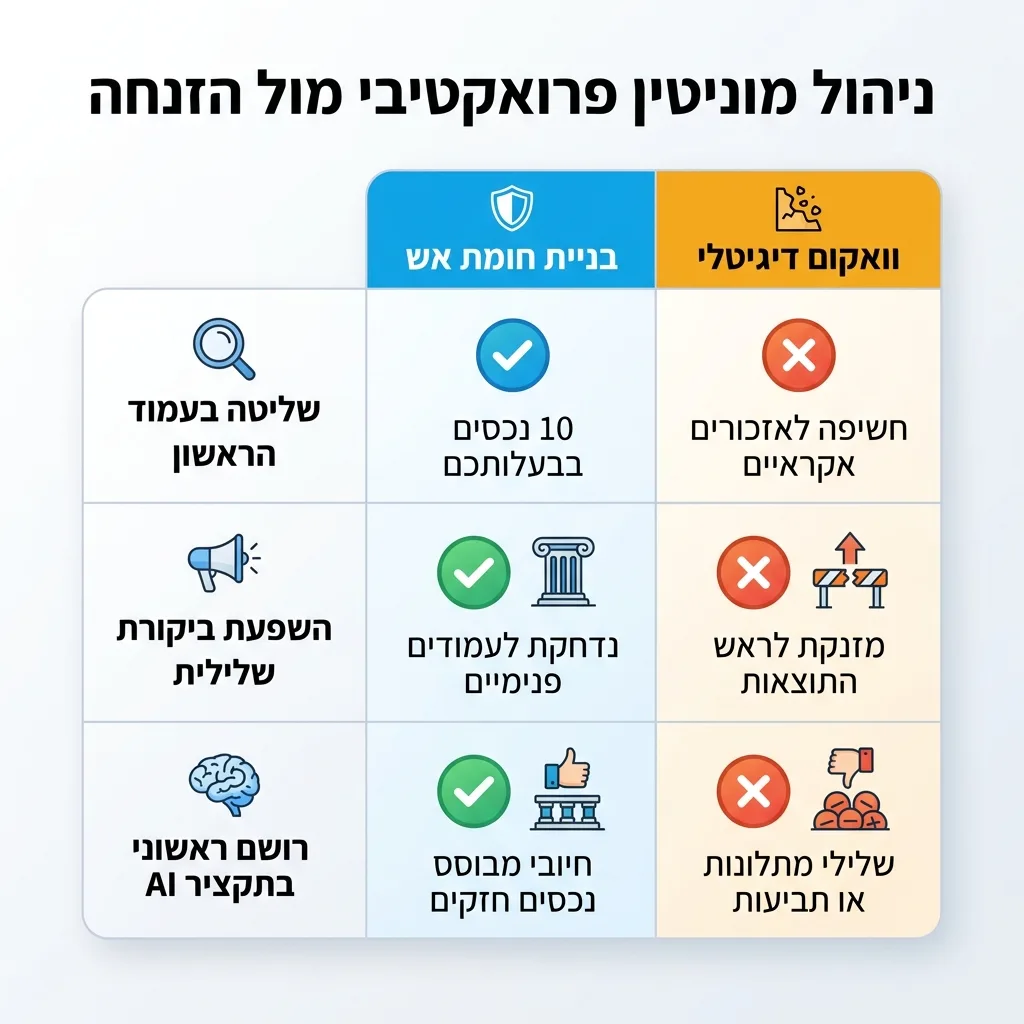אינפוגרפיקה — ניהול מוניטין פרואקטיבי מול הזנחה: השוואה בין בניית חומת אש, וואקום דיגיטלי