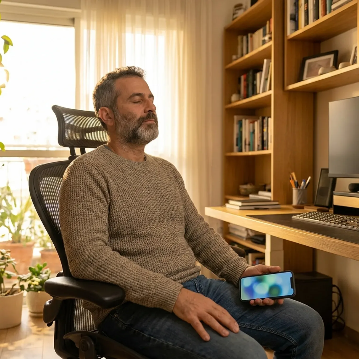 צילום מציאותי של עובד הייטק ישראלי במשרד ביתי נעים, יושב על כיסא ארגונומי בעיניים עצומות ומתרגל נשימות מול מסך טלפון נייד, אור בוקר רך מהחלון