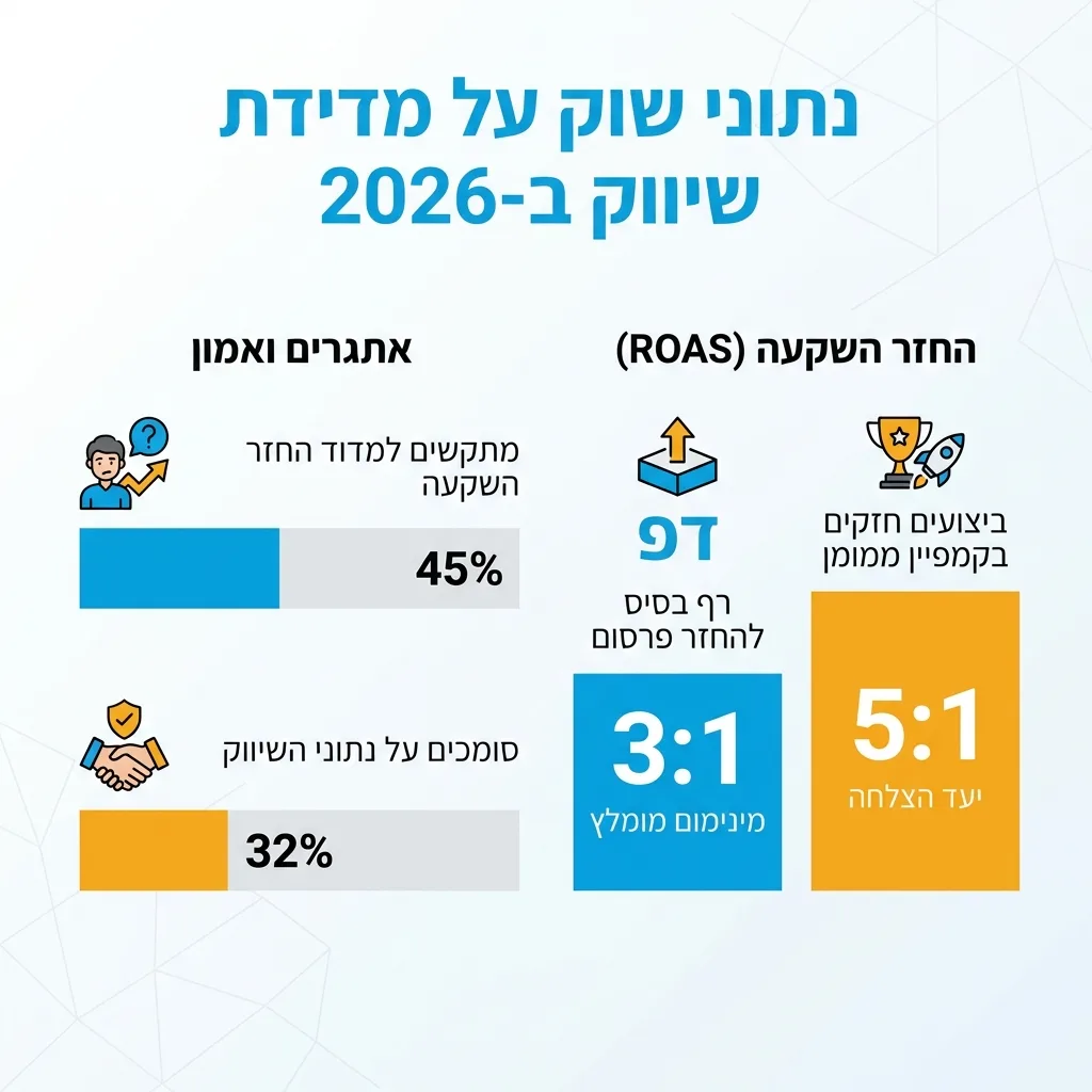 אינפוגרפיקה — נתוני שוק על מדידת שיווק ב-2026: מתקשים למדוד החזר השקעה, סומכים על נתוני השיווק, רף בסיס להחזר פרסום, ביצועים