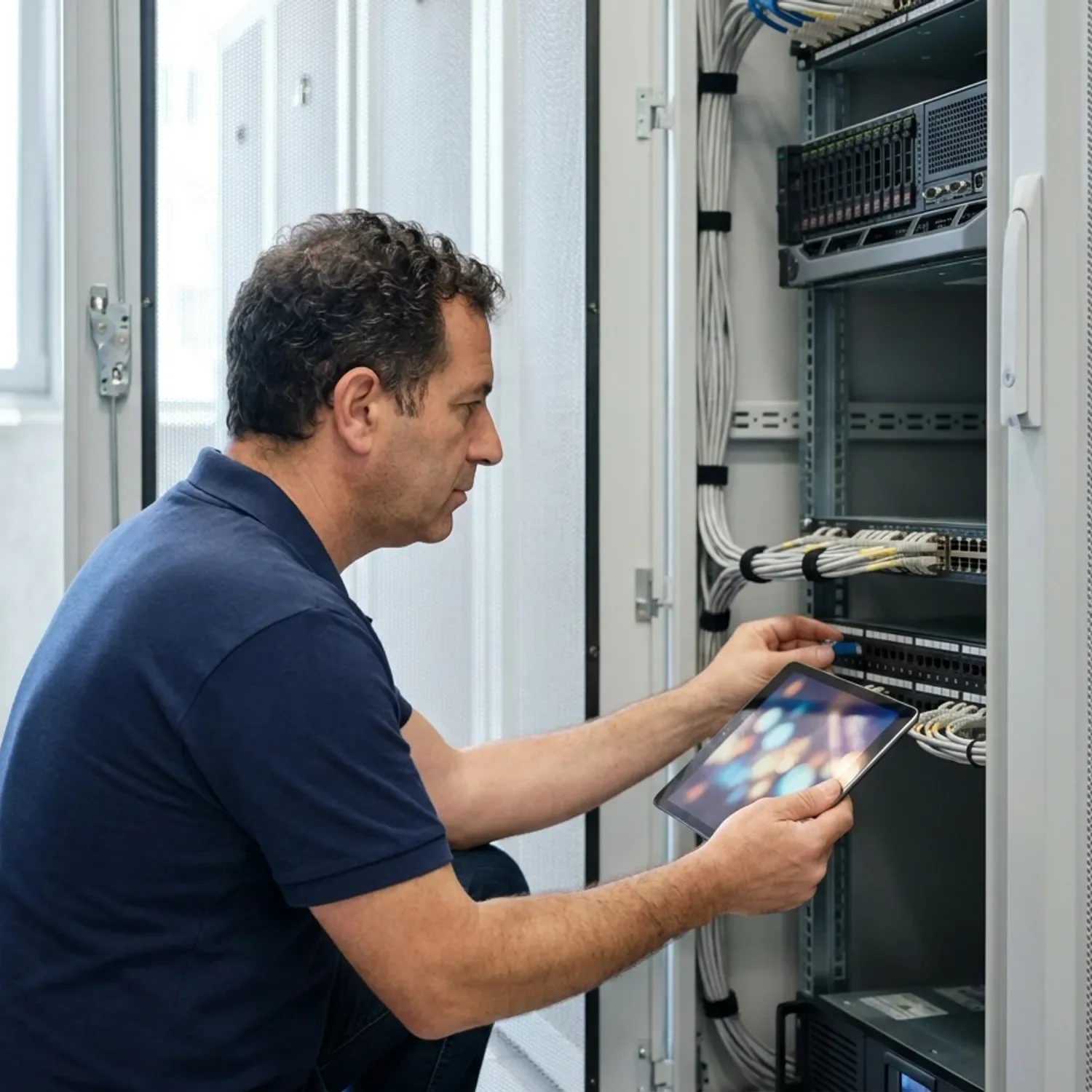 צילום מציאותי של איש סיסטם ותמיכה טכנית ישראלי בחדר שרתים מסודר ומואר, בודק חיבורים בארון תקשורת עם טאבלט בידו, לבוש חולצת פולו חלקה ללא כיתוב או לוגו, זווית צילום מהצד