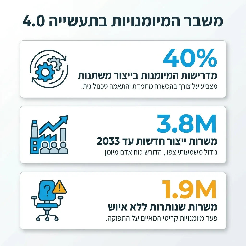 אינפוגרפיקה — משבר המיומנויות בתעשייה 4.0: מדרישות המיומנות בייצור משתנות, משרות ייצור חדשות עד 2033, משרות שנותרות ללא איוש