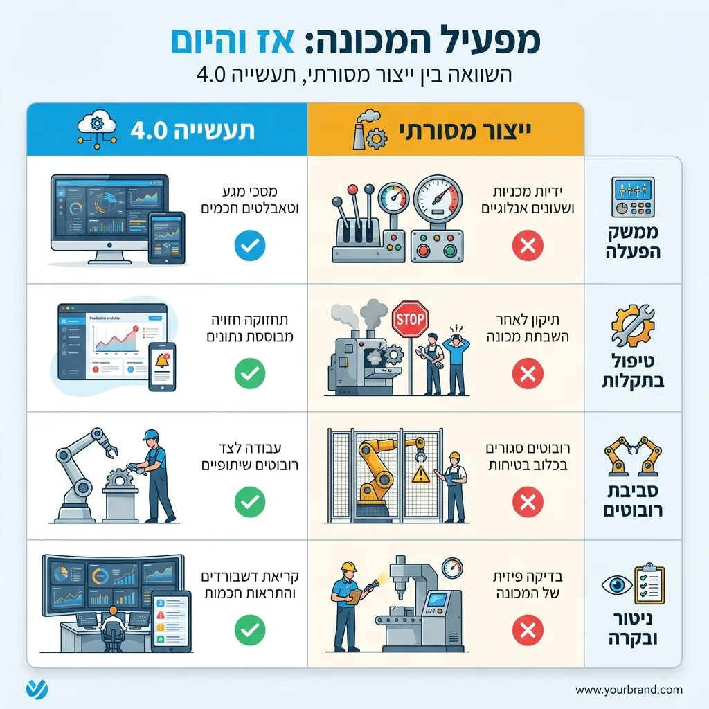 אינפוגרפיקה — מפעיל המכונה: אז והיום: השוואה בין ייצור מסורתי, תעשייה 4.0