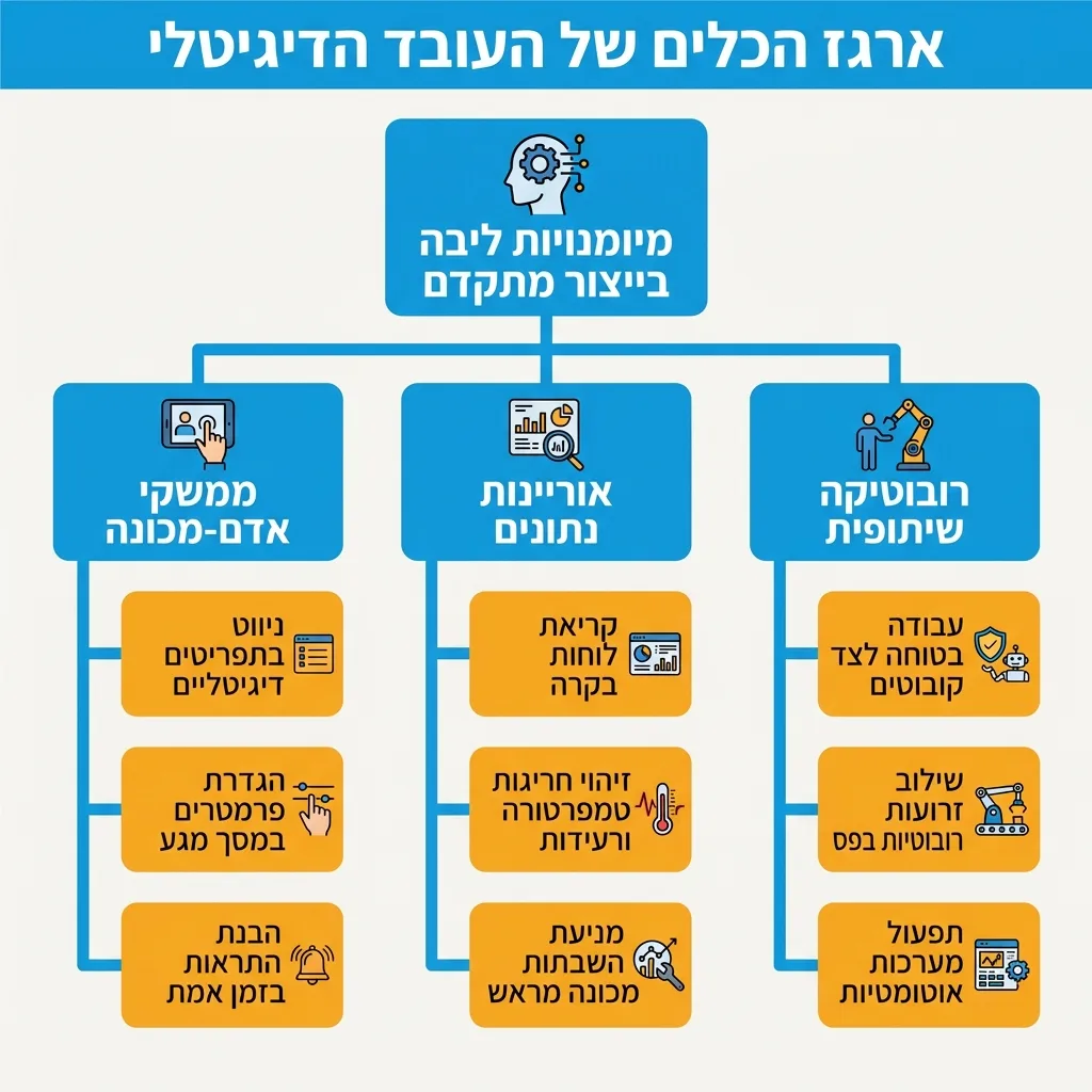אינפוגרפיקה — ארגז הכלים של העובד הדיגיטלי: מיומנויות ליבה בייצור מתקדם